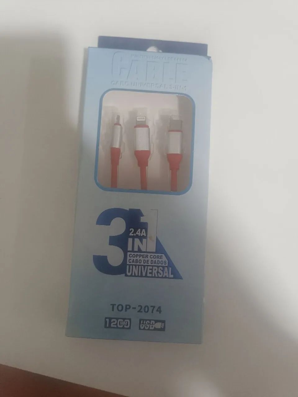 Cabo 3 em 1 Universal 2.4A - iPhone Androide Type C V8 - 120cm