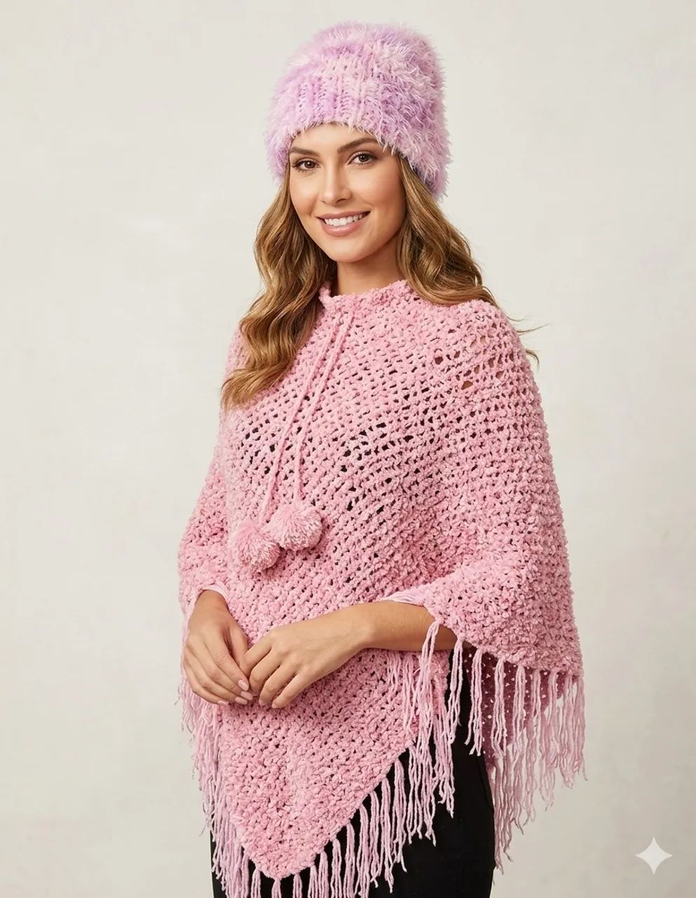 Poncho tricô tam P / M  rosa com touca