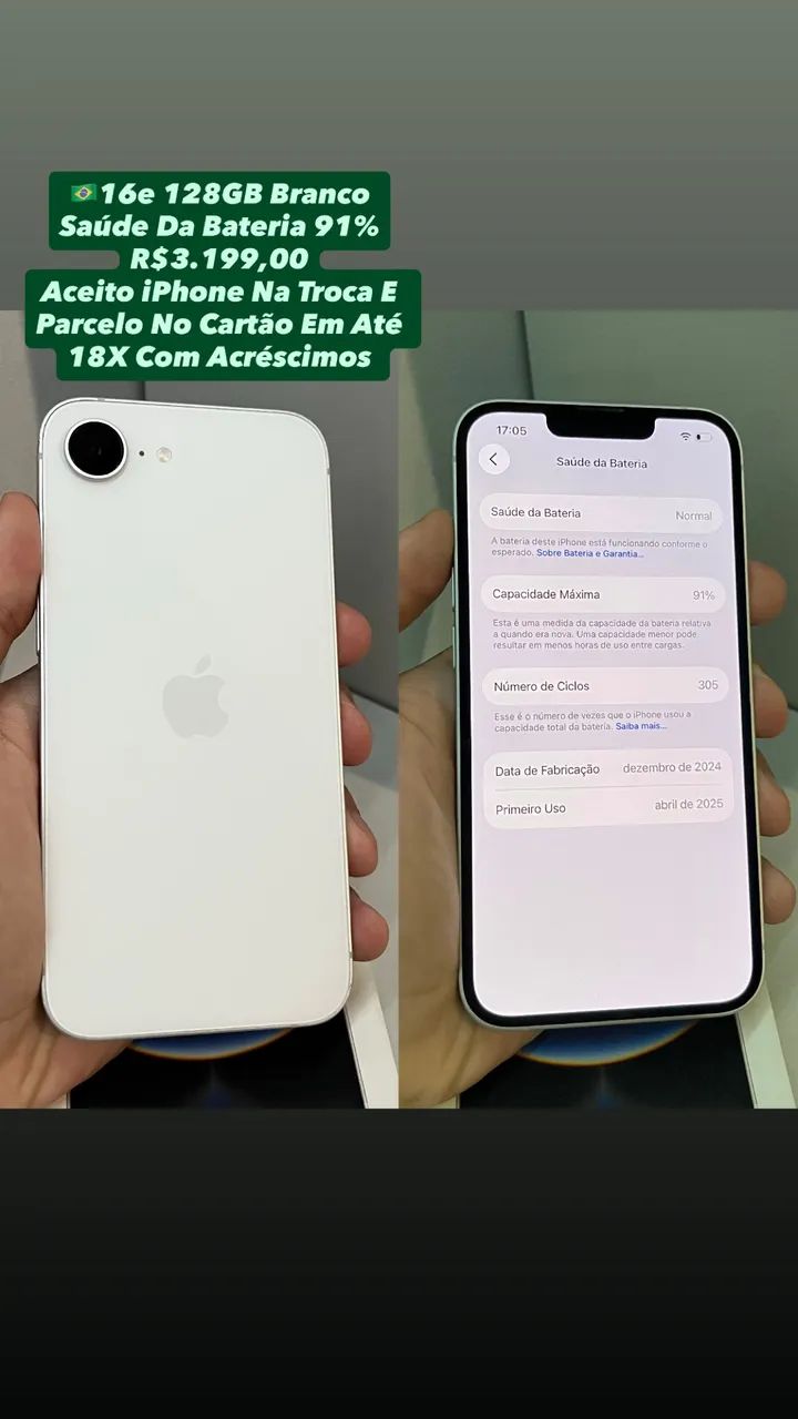iPhone 16e 128GB Branco - Saúde Da Bateria 91% (Usado)
