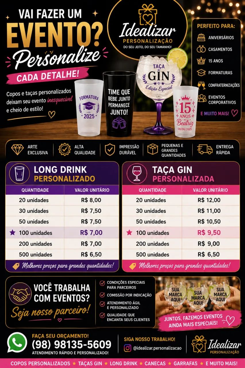     Copos Long Drink e Taças Personalizadas para Eventos