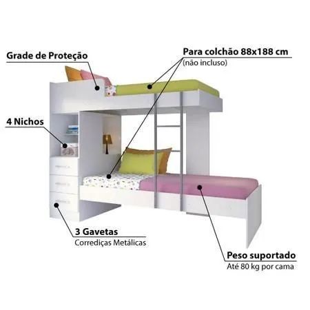 Beliche Juvenil Plus com 3 Gavetas - Branco - Foto 2