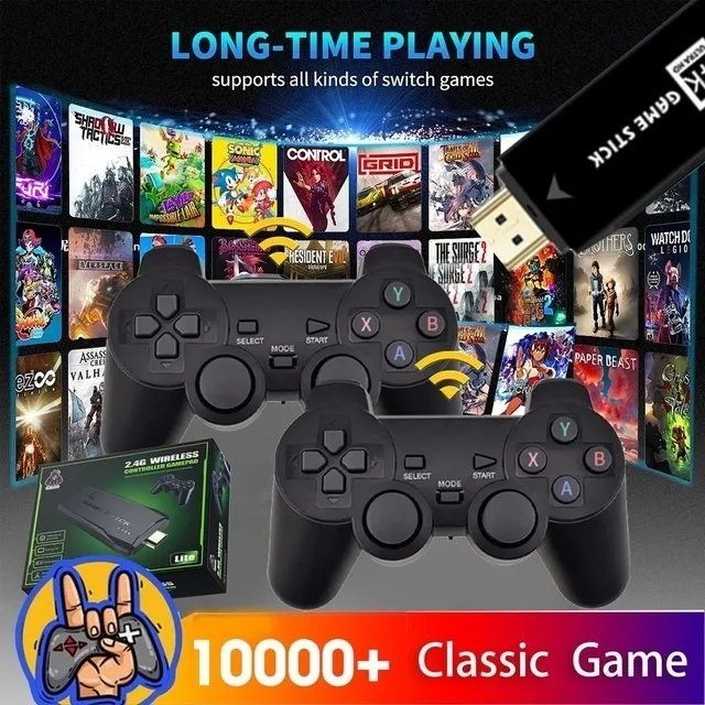 Console de videogame 2.4G duplo controlador sem fio Game Stick 4K 10000  jogos 64 32GB Retro Games para PS1/GBA - Loja Life Bit
