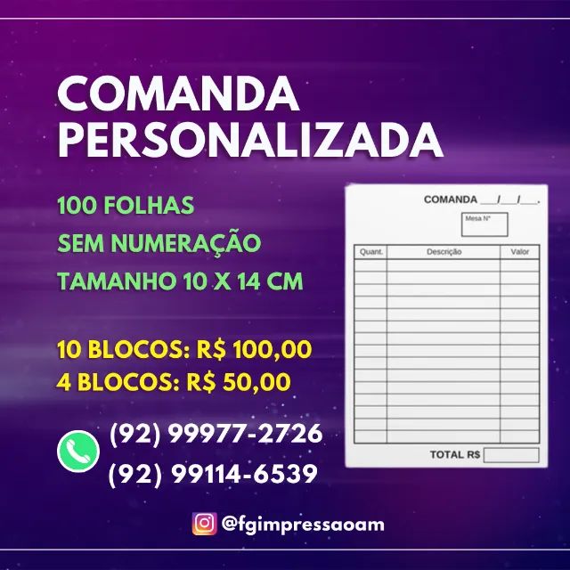 Comanda Personalizada 10x14 cm - R$ 100,00 o milheiro