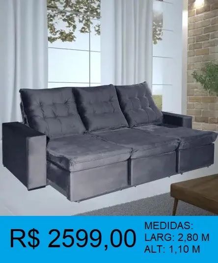 Estofado 2,80m retratil e reclinavel molas ensacadas com espuma D33- Pronta Entrega