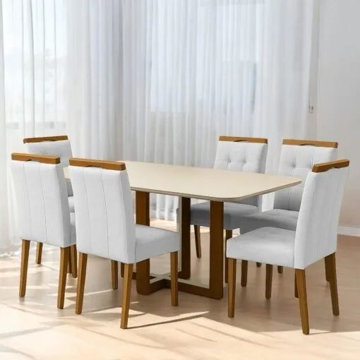 Mesa Atlas Mel/Off White Canto Copo 160×80 com 6 Cadeiras Sophia