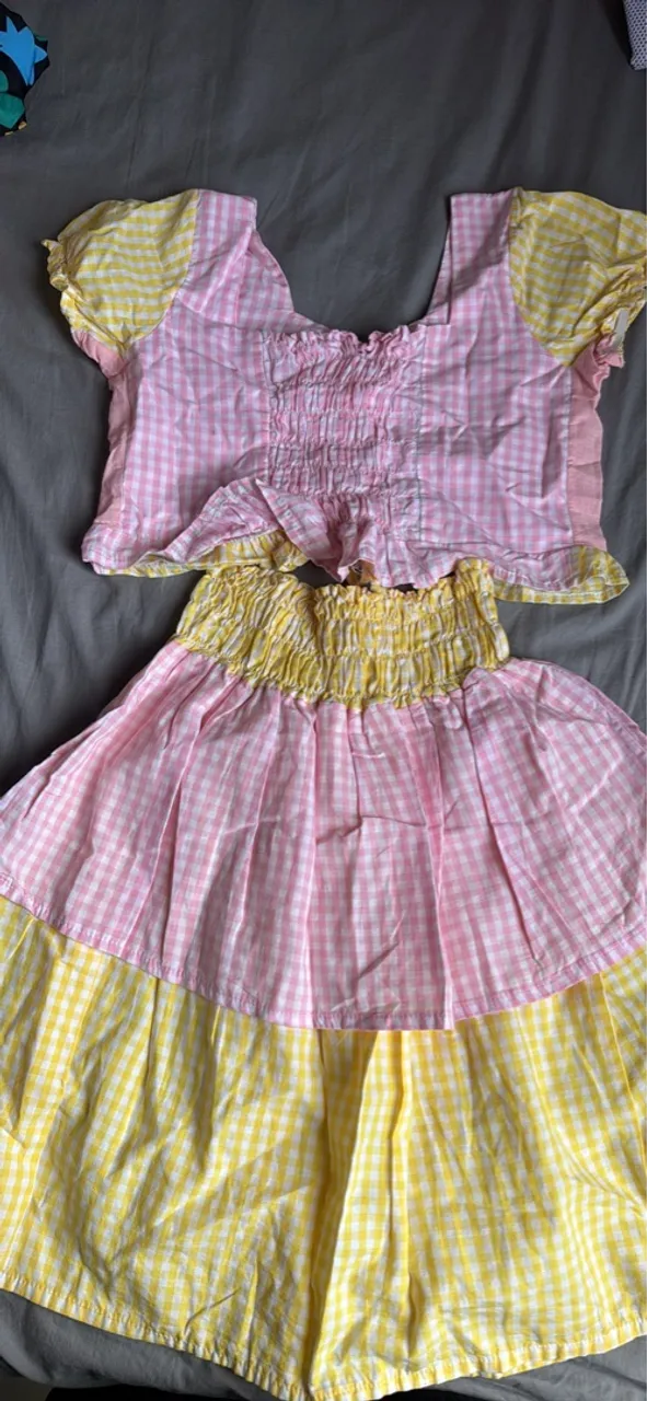 Conjunto Gingham Rosa e Amarelo