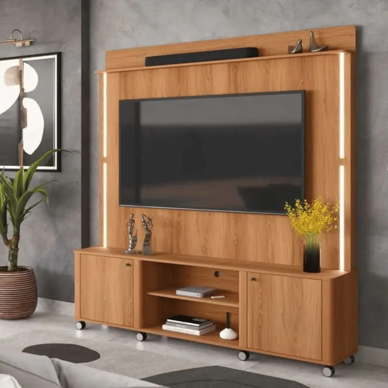 Estante Home Para TV 75 Polegadas com LED e Rodízios Lukaliam Florença Jequitiba<br>