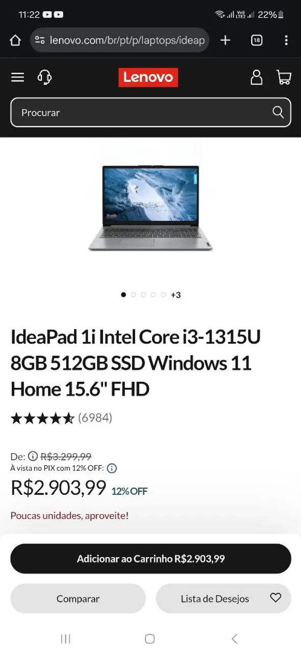 Notebook Lenovo IdeaPad 1i Intel Core i3 8GB 512GB SSD 15.6" FHD