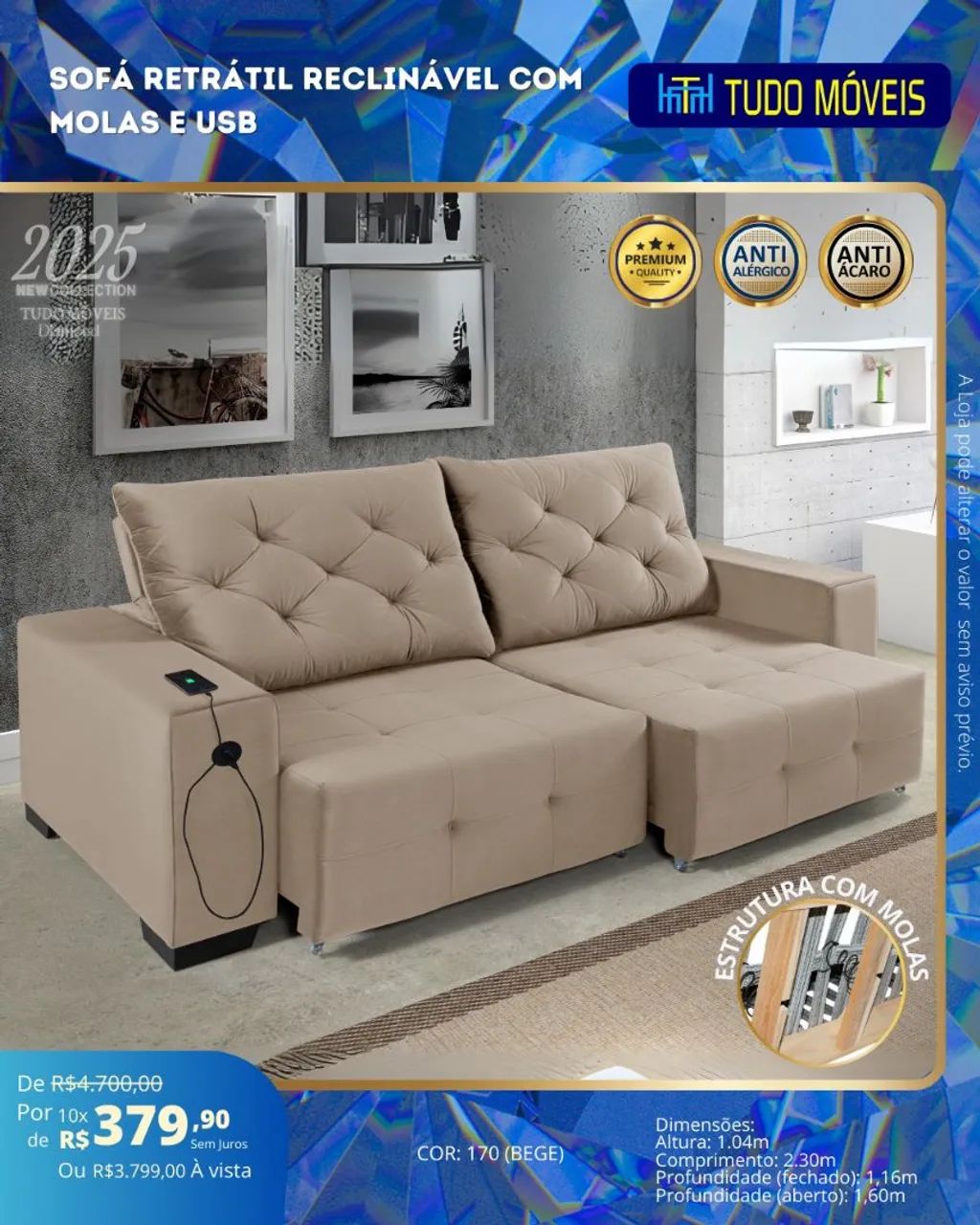 Sofa retrátil e reclinável com molas e USB - Foto 2