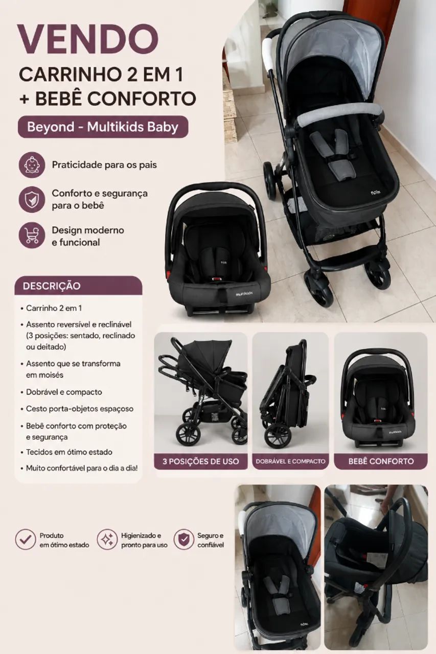 Carrinho de bebê 2 em 1 multikids  - Foto 5