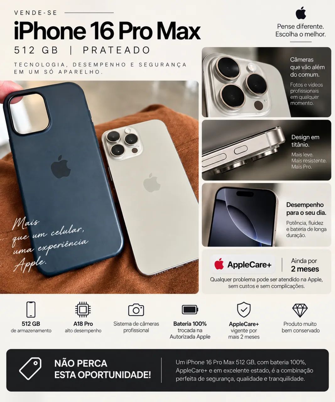 100% Bateria | iPhone 16 Pro Max 512GB Prateado | Bateria 100
