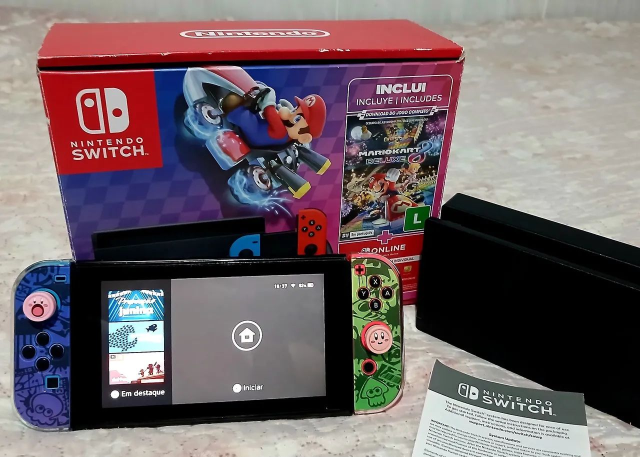 Nintendo Switch V2 + Micro SD 128GB + Acessórios Splatoon/Kirby