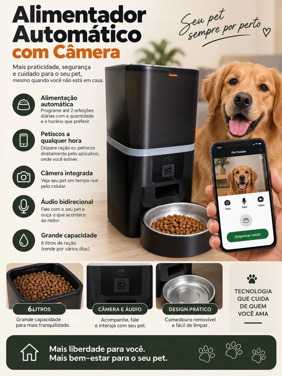 Alimentador automático para cachorro 6l de capacidade e com câmera 