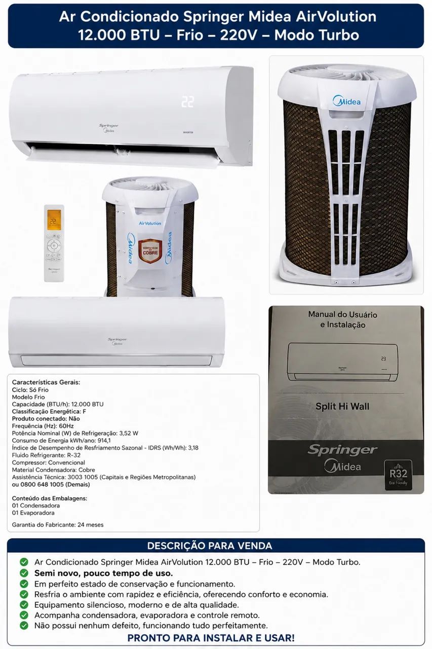 Ar-condicionado Springer Midea AirVolution 12.000 BTUs R$1050