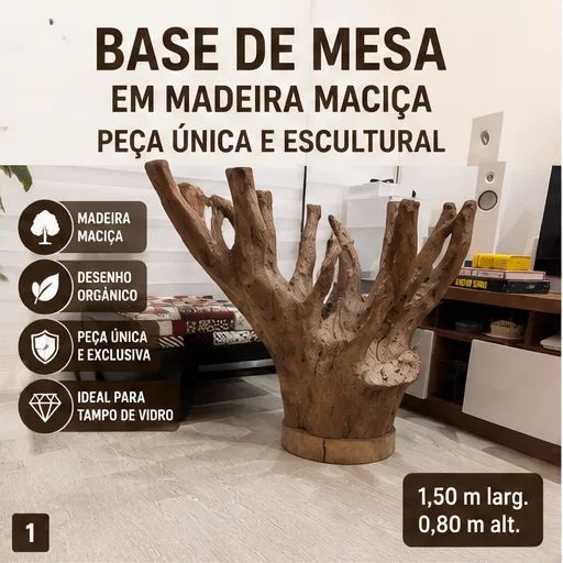 Base de mesa em madeira maciça escultural para tampo de vidro - Foto 2