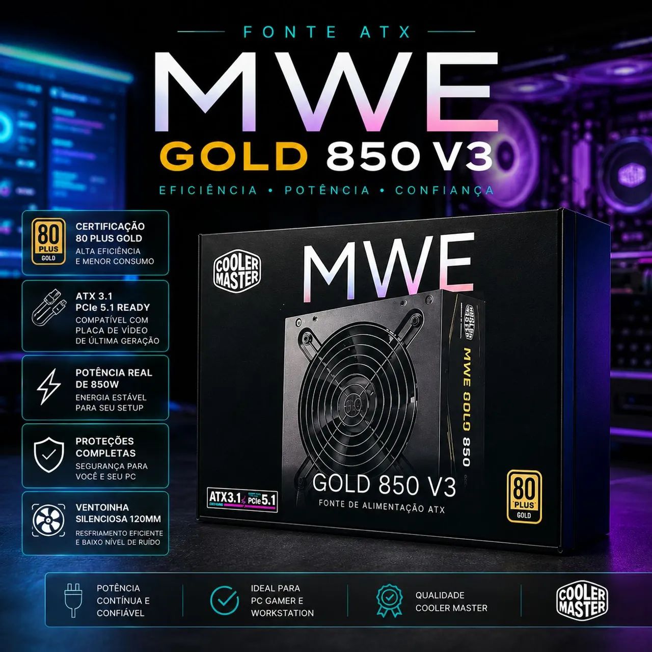 Fonte Cooler master mwe 850w 80plus gold