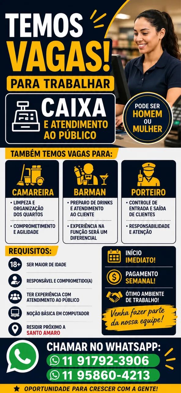 Vagas Caixa Barman Camareira e porteiro 