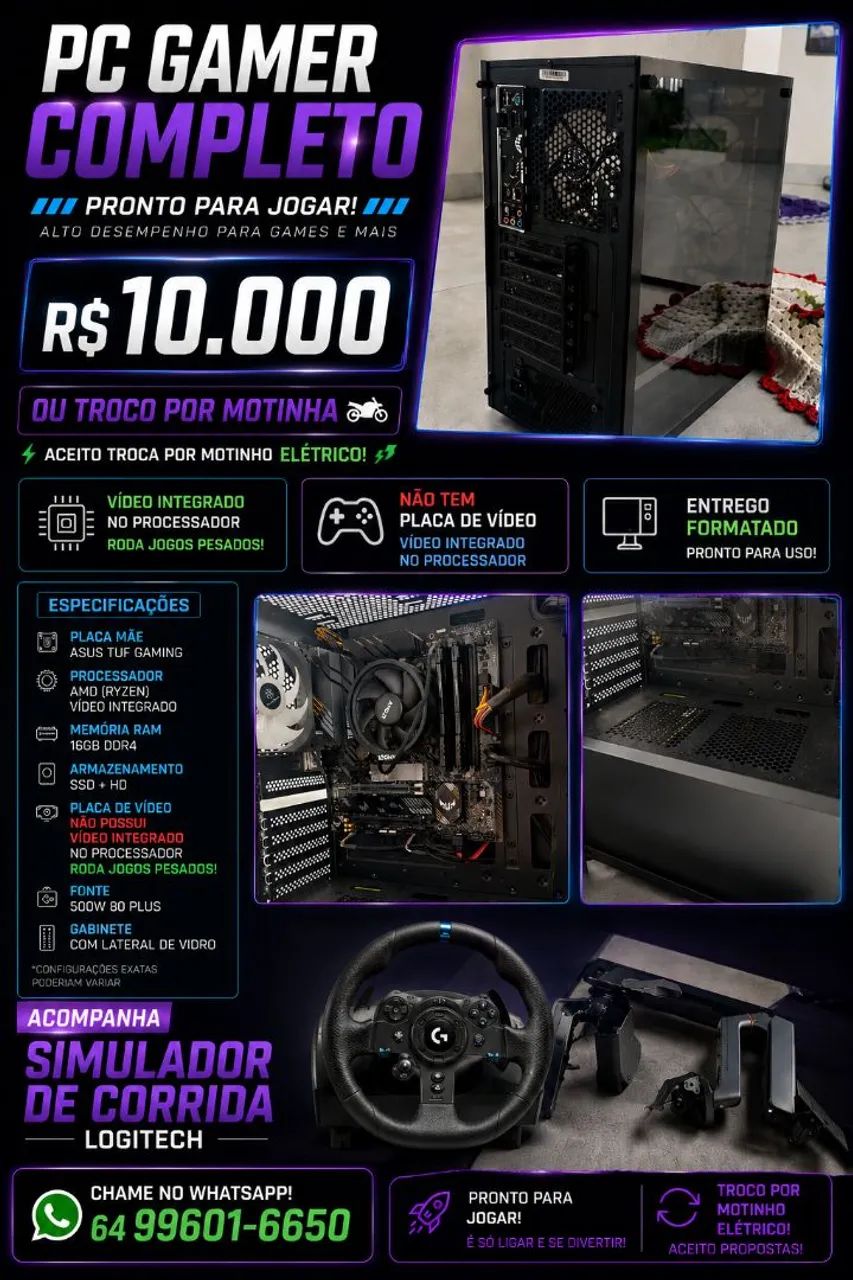 Vende se pc gamer e simulador logitech para jogos de corrida