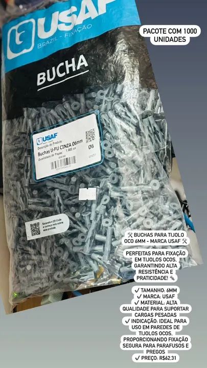 Bucha tijolo Oco 6mm Pacote com 1000 Usaf