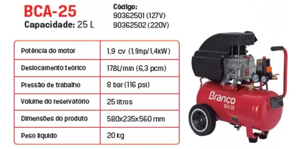 Compressor De Ar 25 Litros 1,9 Hp 8 Pés Branco Motores + Kit - Foto 2
