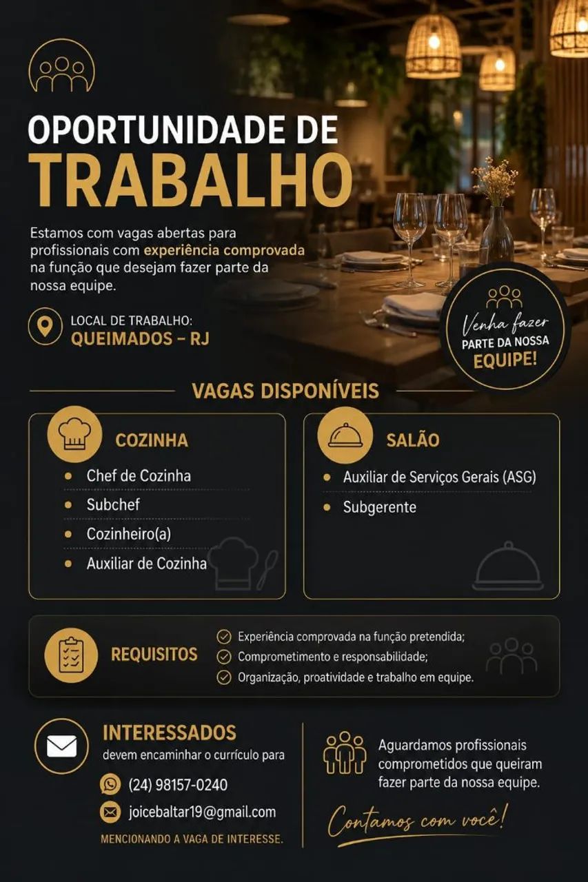 Vaga de emprego aberta! Queimados 