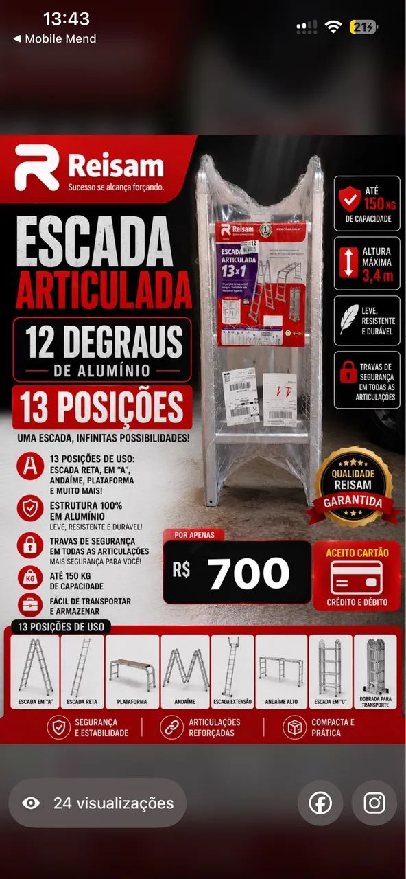 Escada de alumínio 12 degraus 