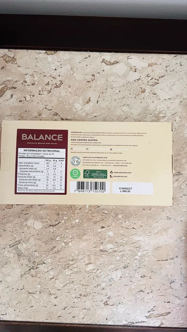 Barra de Chocolate Branco sem poliol e açúcar Balance 1kg - Foto 2