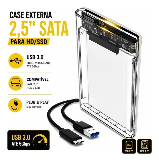Case HD Externo 2.5 transparente USB 3.0 Tipo-C - Compatível com SSD