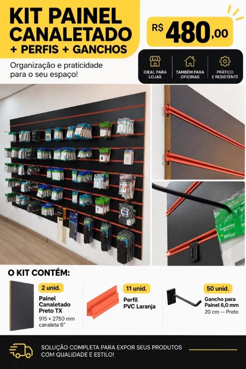 ? KIT PAINEL CANALETADO + PERFIS + GANCHOS