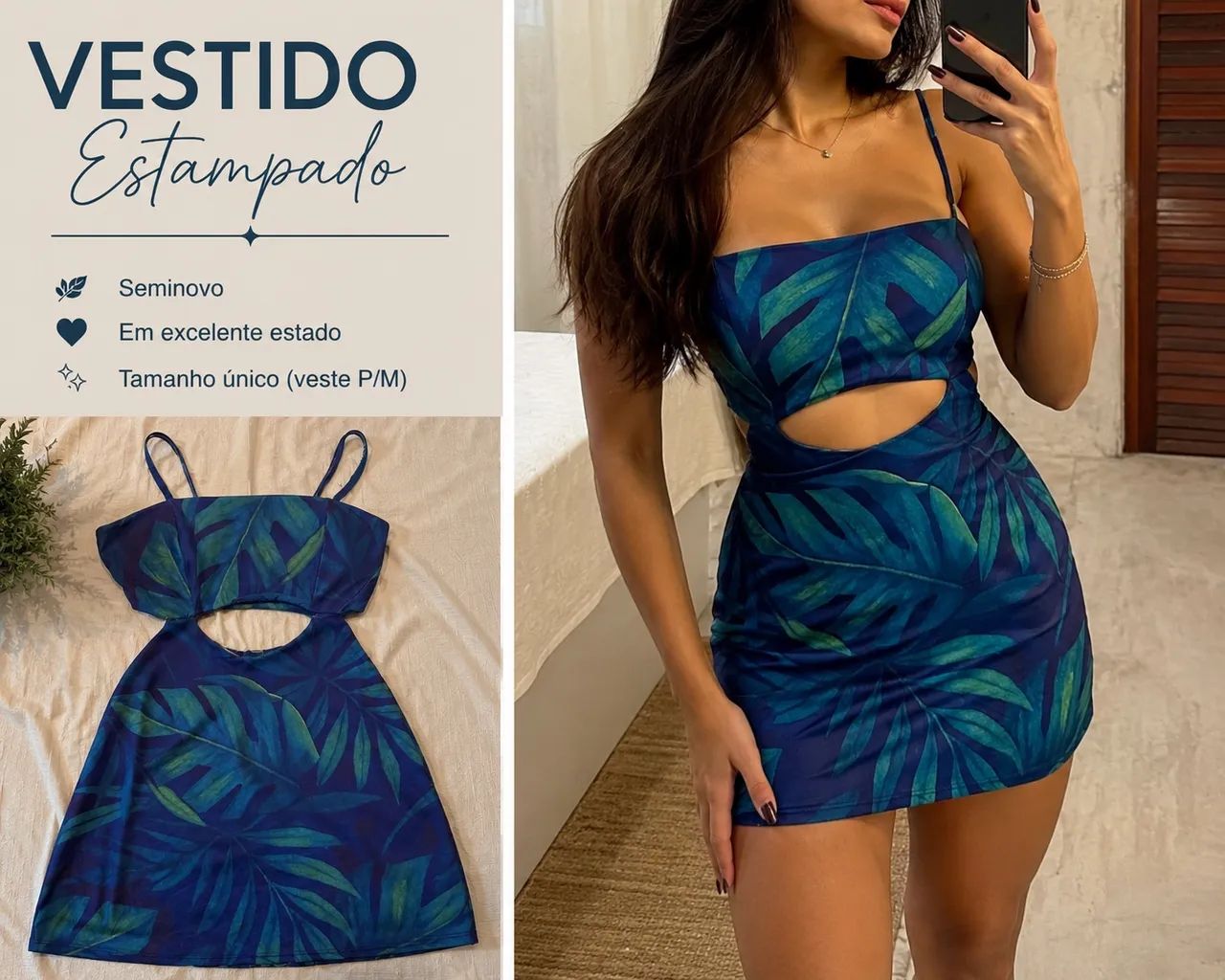 Vestido estampado azul e verde com recorte tamanho P/M