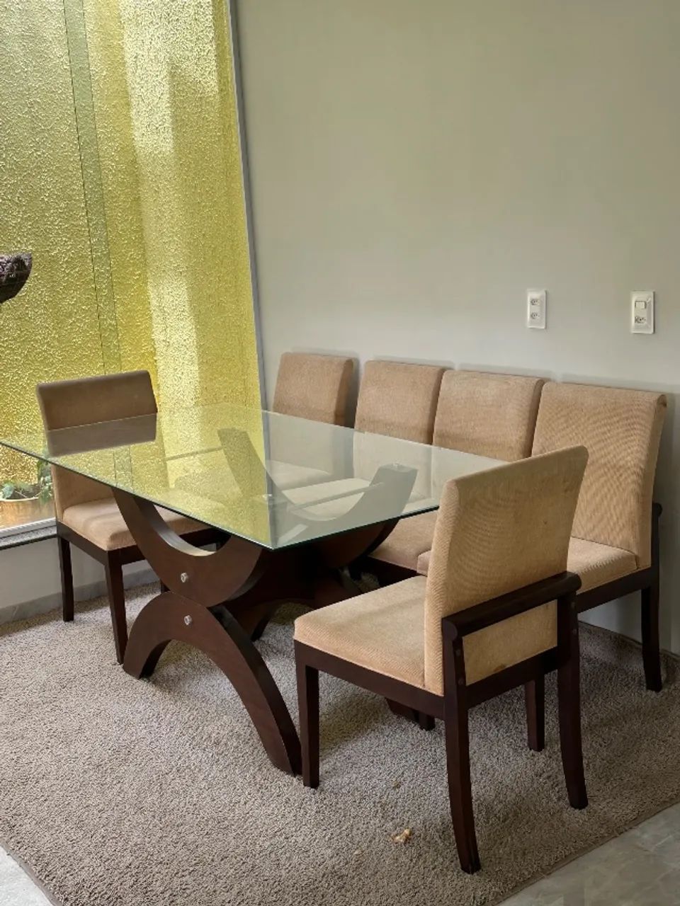 mesa jantar com cadeiras e tapete