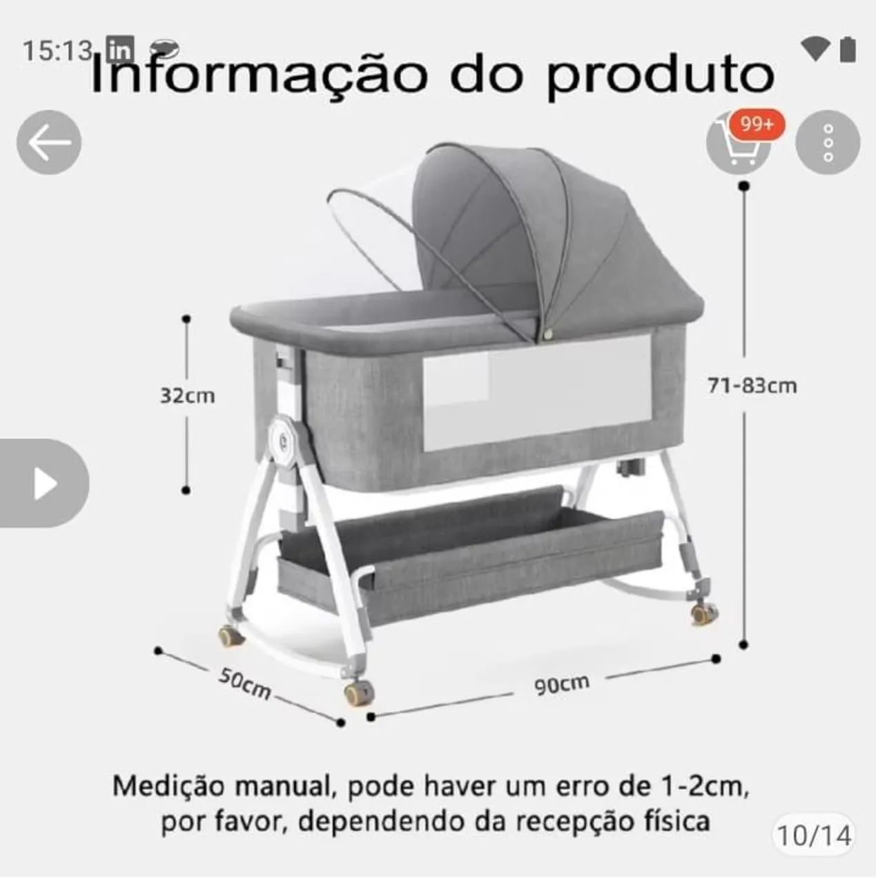 Mini Berço Completo com Mosquiteiro, Rodinhas, Trocador e Colchão - R$ 350