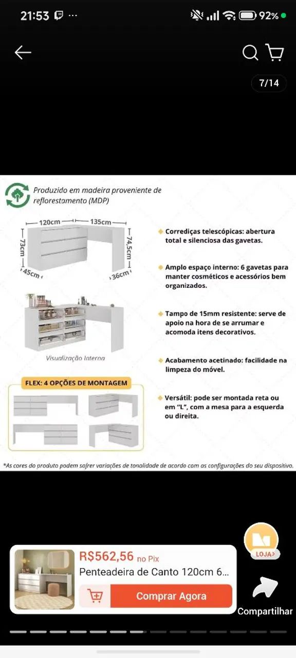 Penteadeira de canto 120cm 6 gavetas flex multimoveis - Foto 3