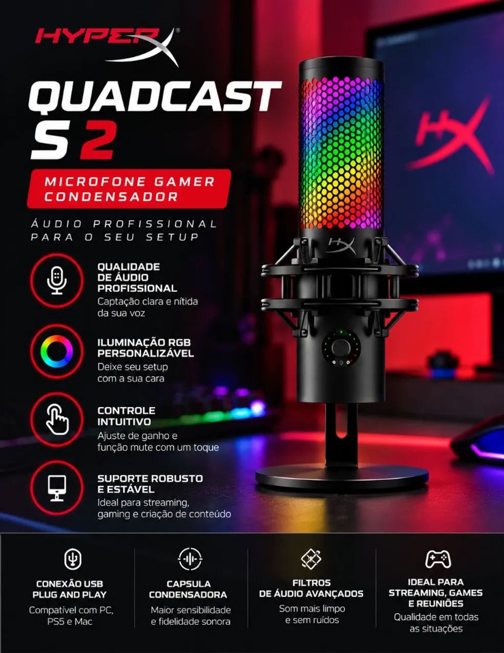 Microfone HyperX QuadCast S 2 RGB USB - Novo e Lacrado