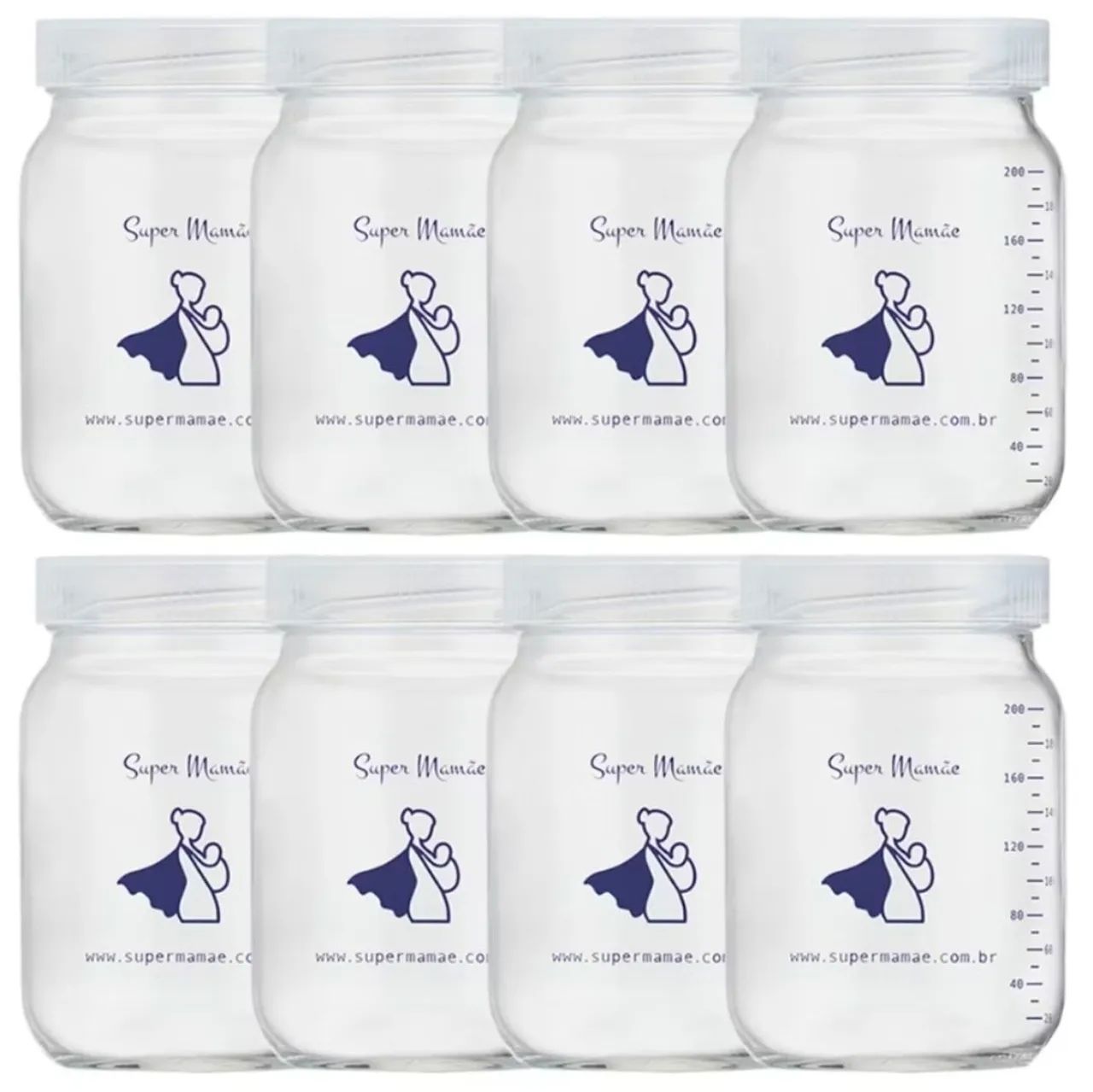 Kit com 8 potes de vidro para leite materno.