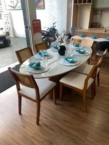 MESA OVAL 2.00X1.00 ALTO PADRAO COM 6 POLTRONAS EM LINHO MADEIRA MACICA 