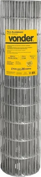 Tela alambrado, malha 15 cm x 5 cm, fio 2,3 mm, com 1,5 m x 25 m (altura x comprimento), V