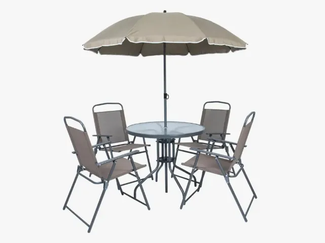 Mesa de Vidro com 4 cadeiras e Guarda Sol para Jardim