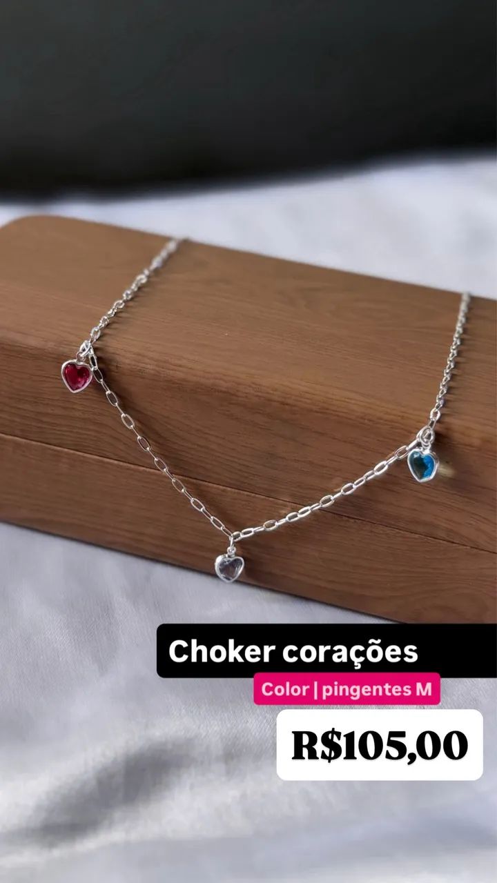 Chocker Corações Color Pingentes M Prata 925