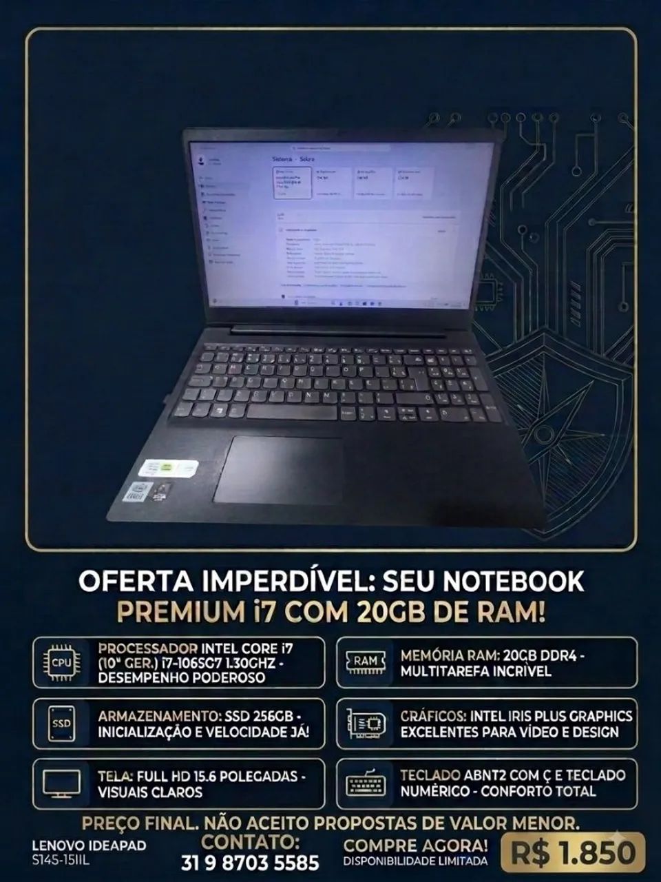 Notebook Lenovo ideapad S145 Intel core i7 20GB de RAM 256GB