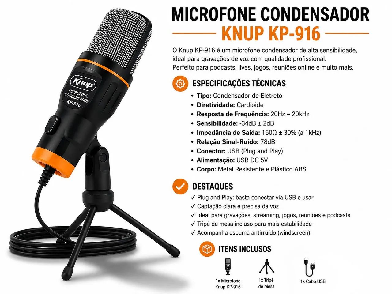 Microfone Condensador Com Tripé Ajustável marca Knup - Foto 3