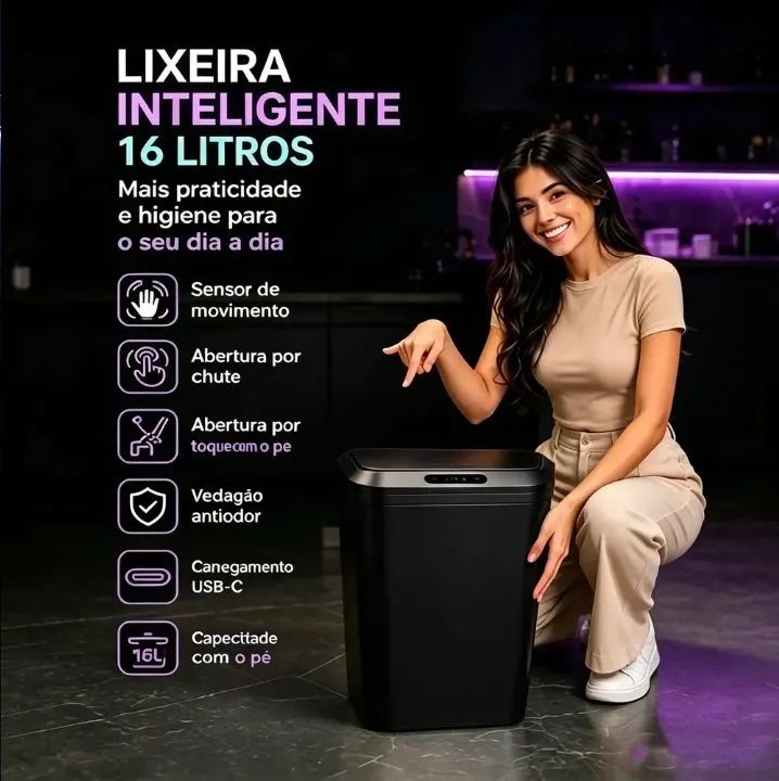 Lixeira De Sensor Automático Preta 16 Lts - Foto 4