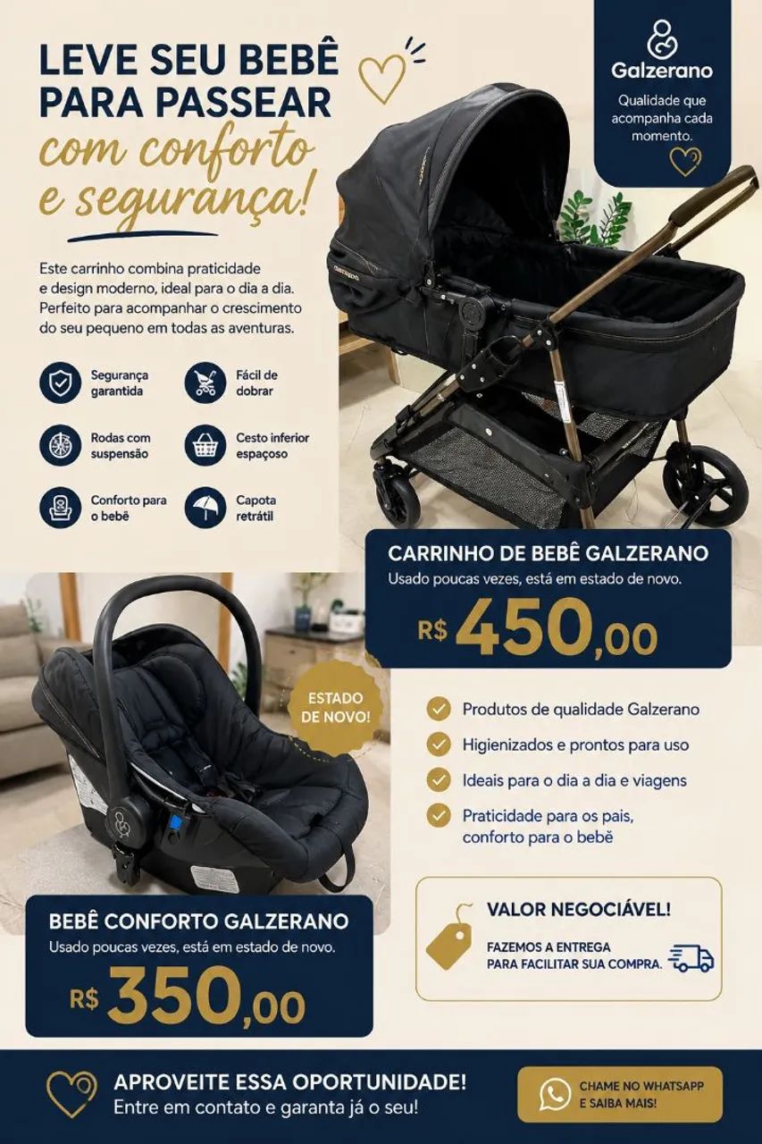 Carrinho de bebê e bebê conforto Galzerano