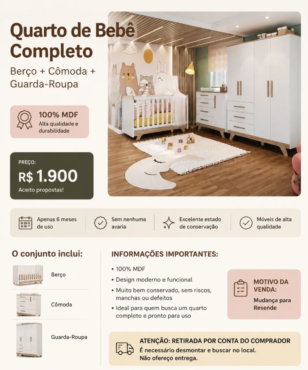 Quarto de Bebê Completo 100%MDF- Berço + Cômoda+guarda roupa