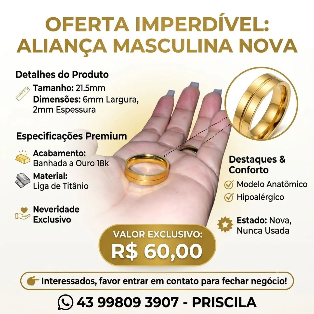 Aliança Masculina Banhada a Ouro 18k  - Foto 4