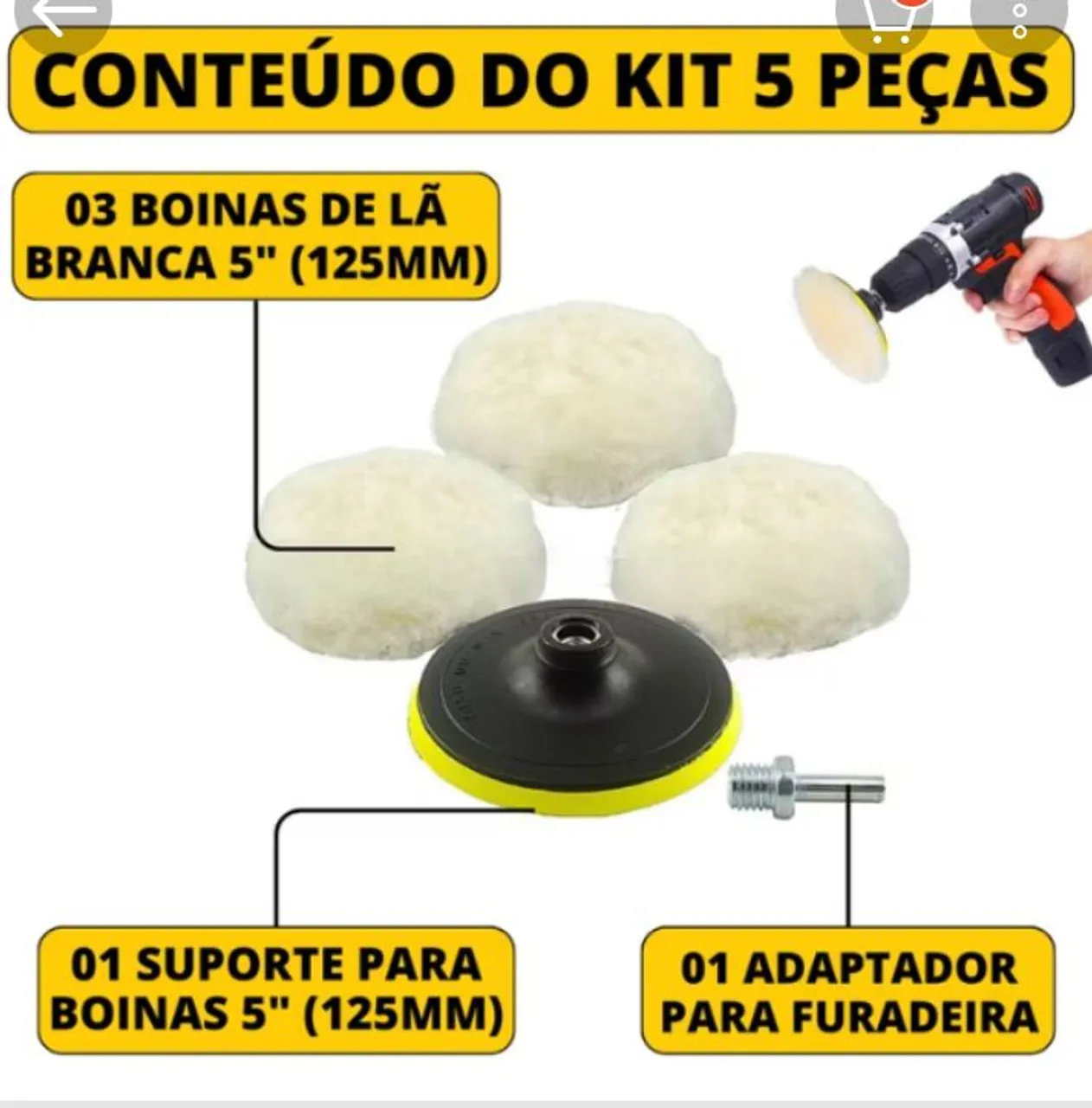 Kit 5 Peças para Polimento Automotivo com Boina de Lã