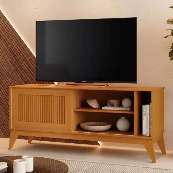Rack para TV até 55 polegadas 1 Porta de Correr EDN Aruba - Off White/Cedro - Foto 2