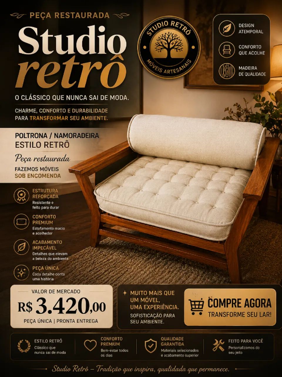 Poltrona/Namoradeira Estilo Retrô ? Studio Retrô ? Restaurada - Fazemos móveis sob medida