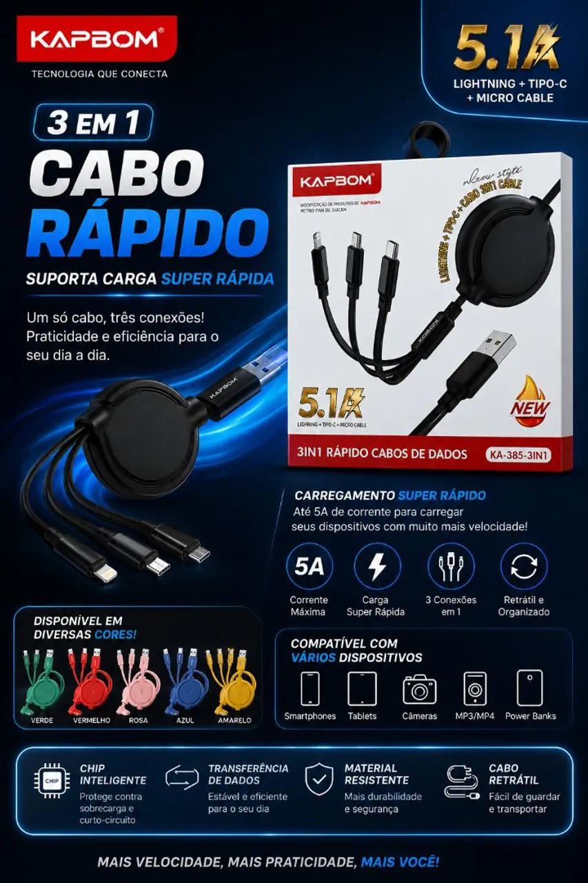 Carregamento super rápido até 5A em um só lugar!Conexões Lightning, Tipo-C e Micro USB
