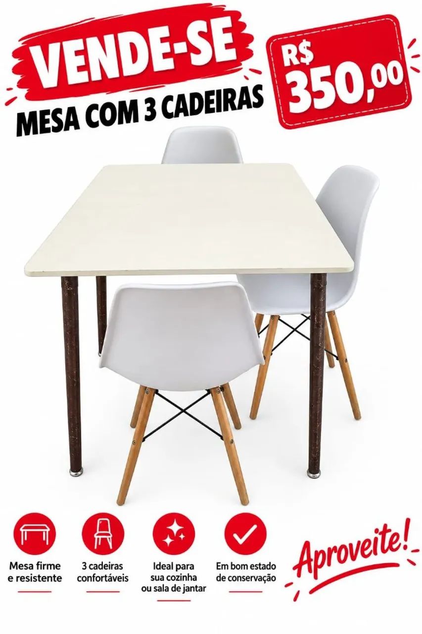 Mesa 80x120 com 3 cadeiras 